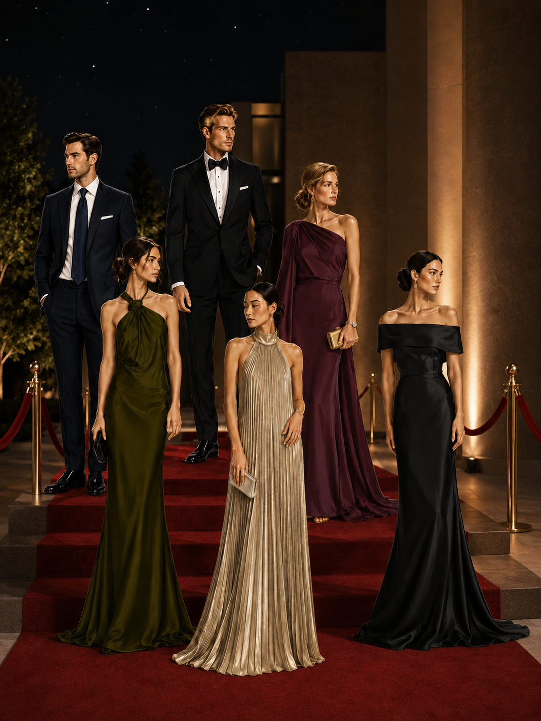 Elegancia en la alfombra roja: esmoquin y vestidos de gala para la noche de Alex Campos